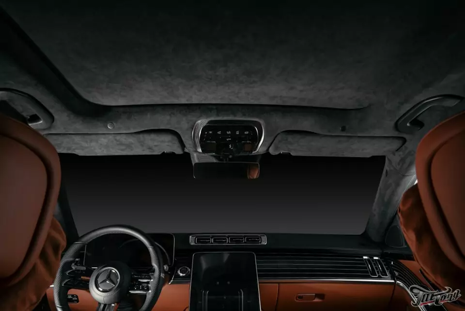 Mercedes S class (W223). Перетяжка потолка, стоек и шторки панорамы в алькантару. Оклейка кузова в полиуретан. Частичный антихром